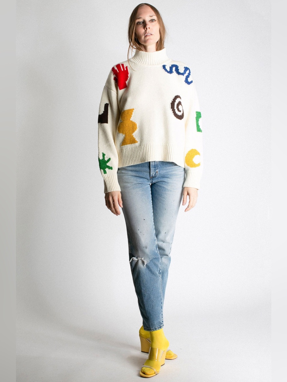 Women's Cream Turtleneck Sweater with Multicolor Motifs